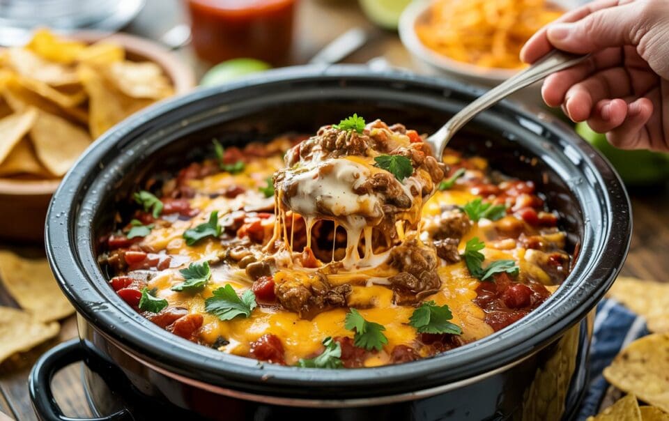 A hand lifts a cheesy, beefy spoonful of crockpot taco dip from a slow cooker, topped with melted cheese and fresh cilantro, surrounded by tortilla chips and bowls of ingredients on a wooden table.