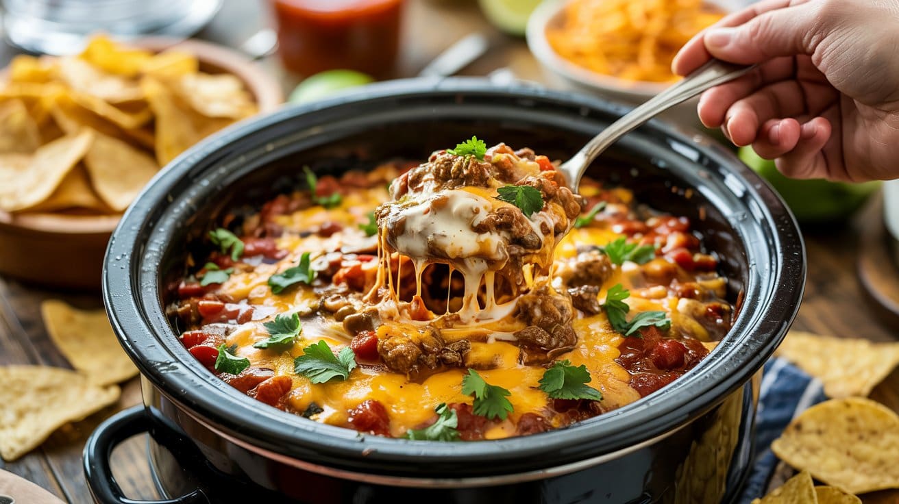 A hand lifts a cheesy, beefy spoonful of crockpot taco dip from a slow cooker, topped with melted cheese and fresh cilantro, surrounded by tortilla chips and bowls of ingredients on a wooden table.