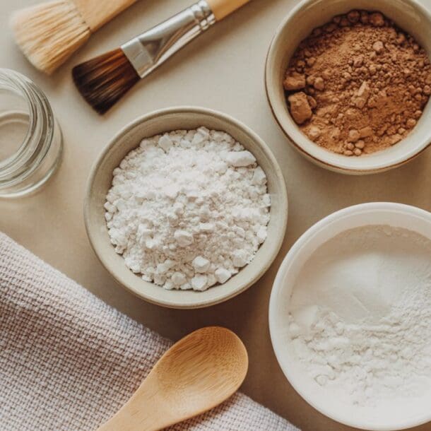 Flat lay of bowls with white and brown powders, a glass jar, a wooden spoon, two brushes, and a folded beige towel on a light surface, suggesting ingredients for homemade skincare or DIY beauty treatments.