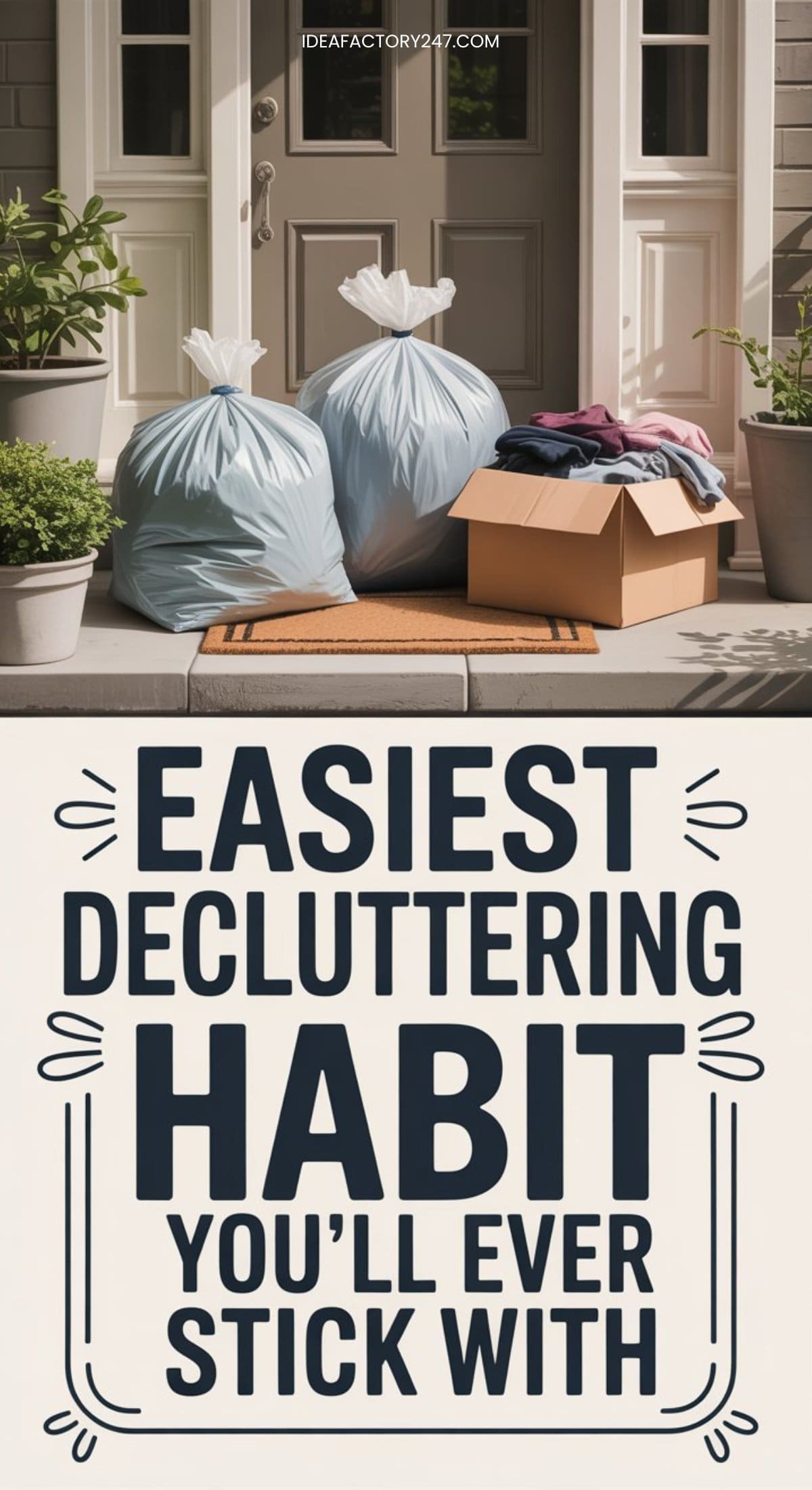 Two trash bags and a box of clothes sit on a doormat outside a front door, surrounded by plants. Text below reads: Easiest Decluttering Habit Youll Ever Stick With.