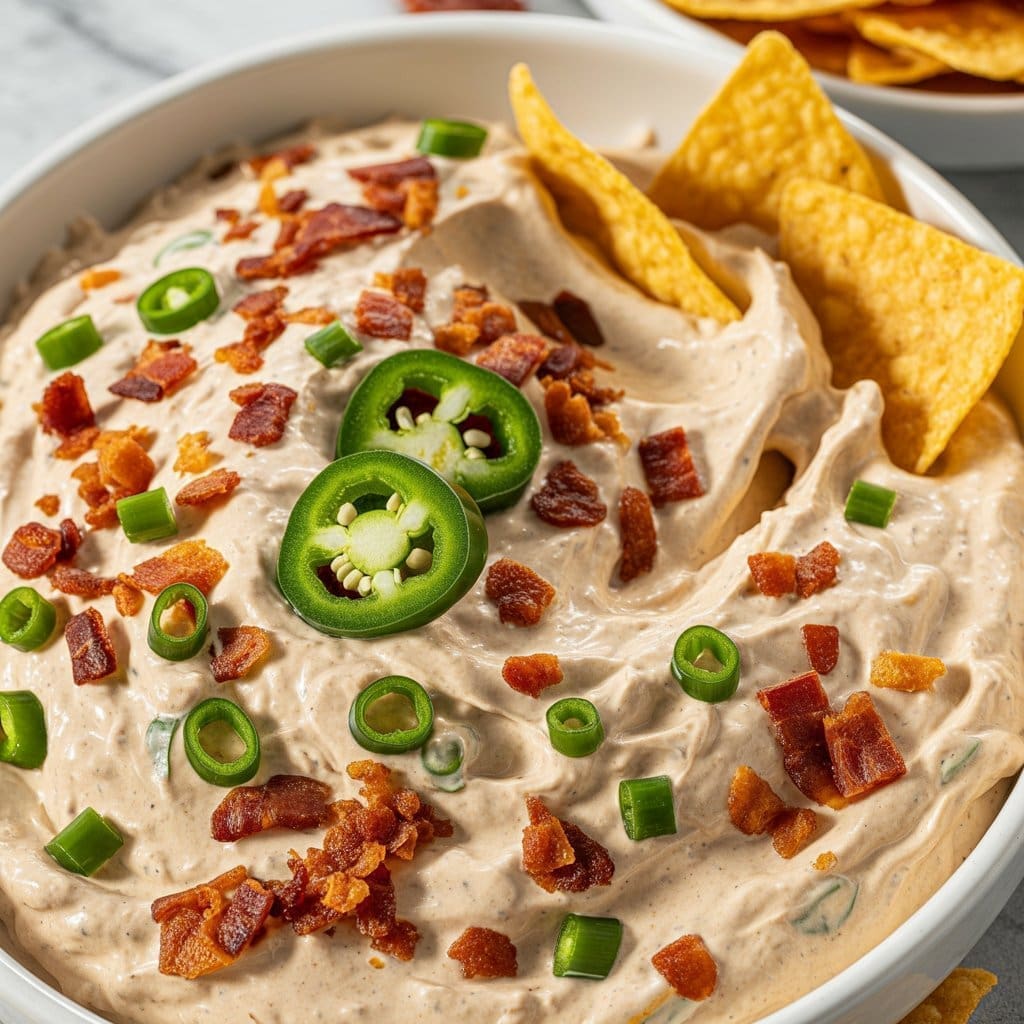 A bowl of creamy dip topped with sliced jalapeños, chopped green onions, and crispy bacon bits, served with tortilla chips.