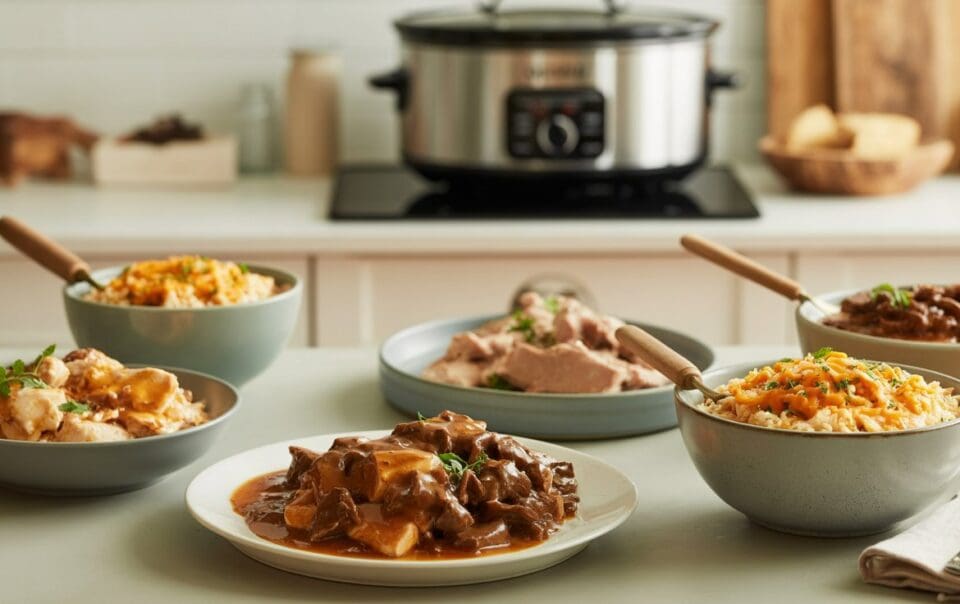 Five bowls and plates of hearty slow-cooked meals, including stews and casseroles, are arranged on a kitchen counter. A slow cooker sits in the background, with kitchen utensils and ingredients nearby.