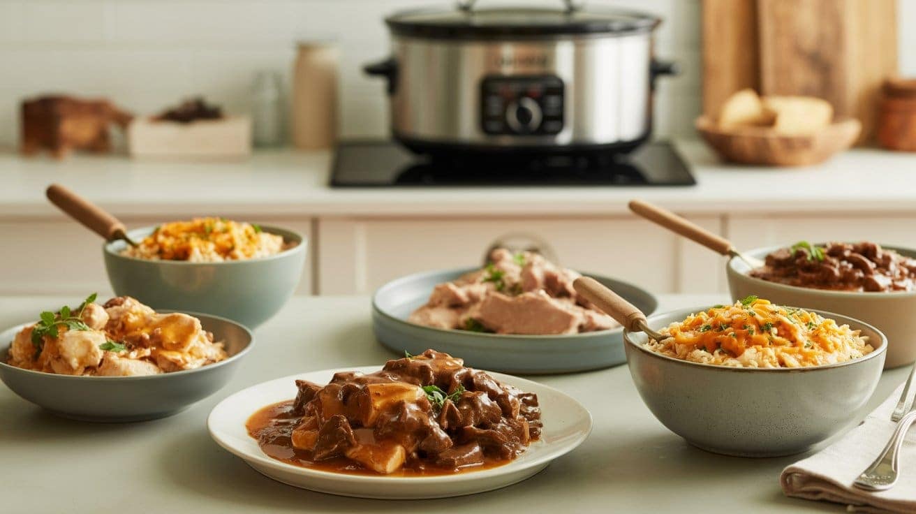 Five bowls and plates of hearty slow-cooked meals, including stews and casseroles, are arranged on a kitchen counter. A slow cooker sits in the background, with kitchen utensils and ingredients nearby.