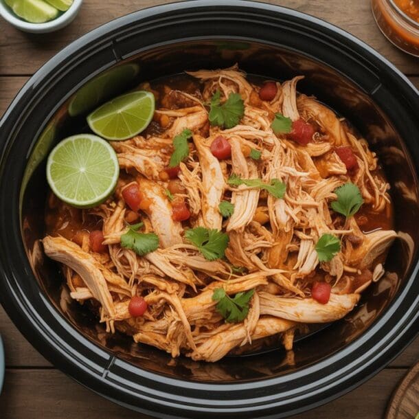 Shredded chicken with tomato sauce, cilantro, and lime slices in a black slow cooker—perfect for easy crockpot meals—surrounded by tortillas, avocado, chopped onions, cilantro, limes, and salsa on a wooden table.