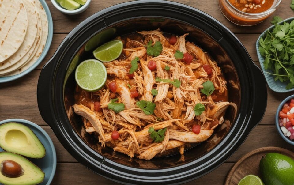 Shredded chicken with tomato sauce, cilantro, and lime slices in a black slow cooker—perfect for easy crockpot meals—surrounded by tortillas, avocado, chopped onions, cilantro, limes, and salsa on a wooden table.
