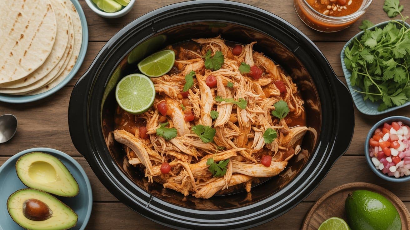 Shredded chicken with tomato sauce, cilantro, and lime slices in a black slow cooker—perfect for easy crockpot meals—surrounded by tortillas, avocado, chopped onions, cilantro, limes, and salsa on a wooden table.