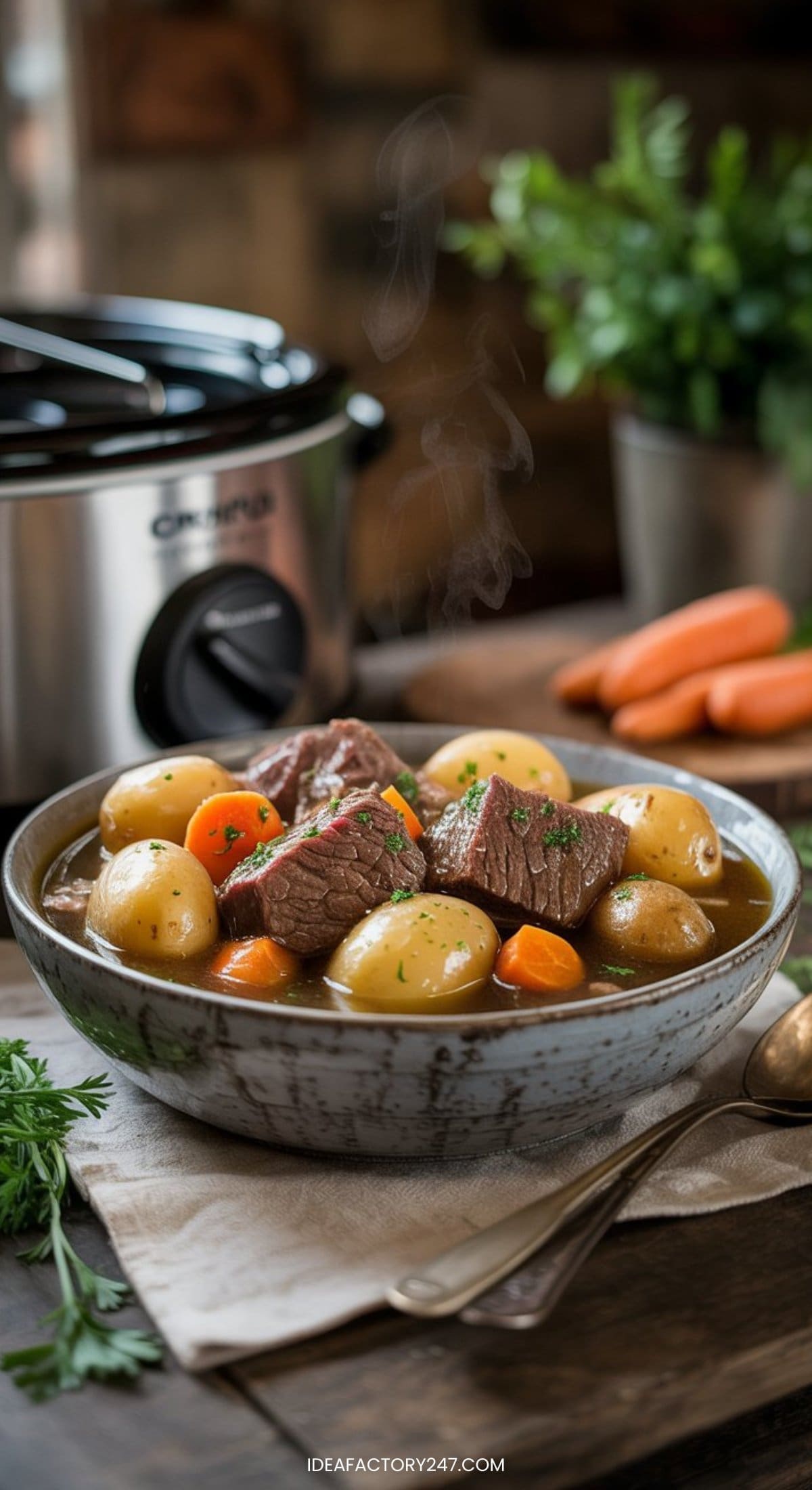 A bowl of beef stew with chunks of beef, baby potatoes, and carrots in broth sits on a napkin. Perfect for fans of easy crockpot meals, it's surrounded by fresh carrots, herbs, and a slow cooker on a wooden table as steam rises from the hot stew.