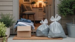 A cardboard box of folded clothes and two tied garbage bags sit on a doormat outside an open front door, with indoor furniture and a lit lamp visible inside the home.