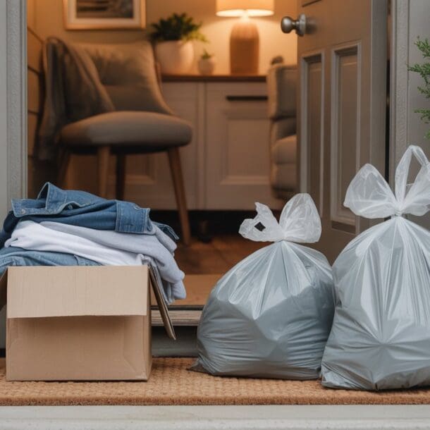 A cardboard box of folded clothes and two tied garbage bags sit on a doormat outside an open front door, with indoor furniture and a lit lamp visible inside the home.