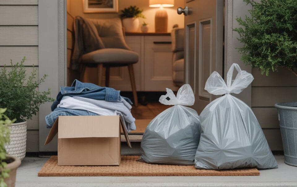 A cardboard box of folded clothes and two tied garbage bags sit on a doormat outside an open front door, with indoor furniture and a lit lamp visible inside the home.