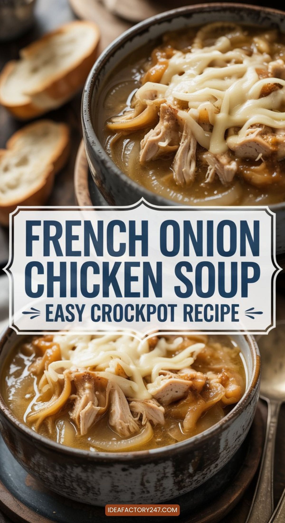 Two bowls of French onion chicken soup topped with melted cheese sit beside slices of baguette. A text overlay reads: French Onion Chicken Soup - Easy Crockpot Recipe, perfect for fans of crockpot soup recipes.