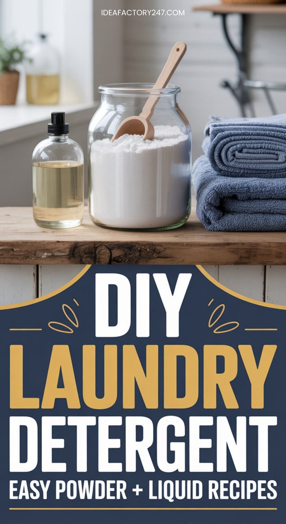 A bottle of liquid, a jar of powder with a wooden spoon, and folded blue towels sit on a wooden surface. Text below reads: DIY Laundry Detergent—discover easy powder and liquid recipes you can make at home.
