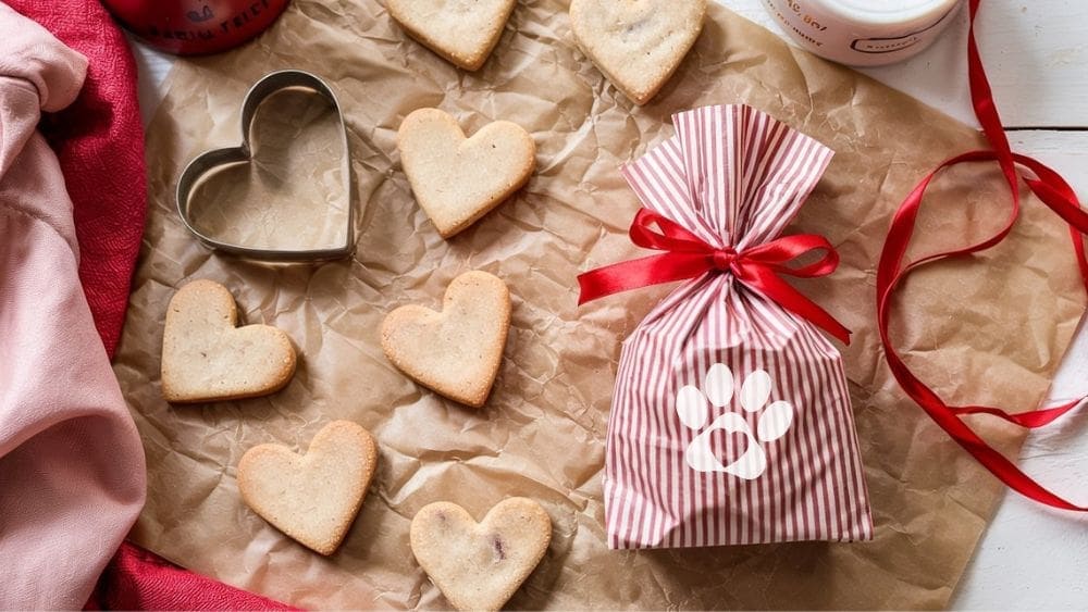 Heart-shaped homemade dog biscuits and a metal cookie cutter rest on brown parchment paper beside a red-and-white striped gift bag tied with a red ribbon and decorated with a white paw print. A red ribbon and pink cloth complete the scene.