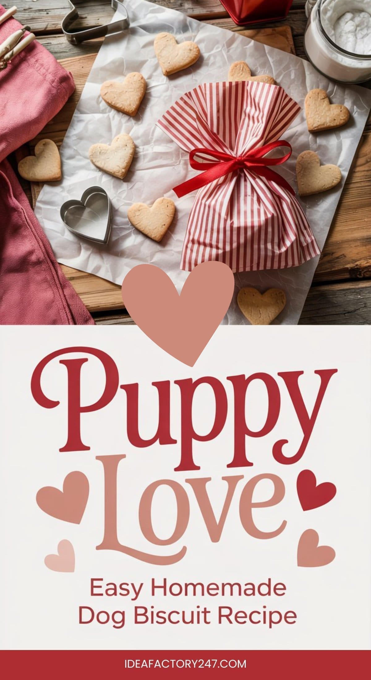 Heart-shaped homemade dog biscuits and a striped gift bag with a red bow are arranged on parchment paper. A cookie cutter and kitchen towel are nearby. Below, text reads: Puppy Love: Easy Homemade Dog Biscuit Recipe.