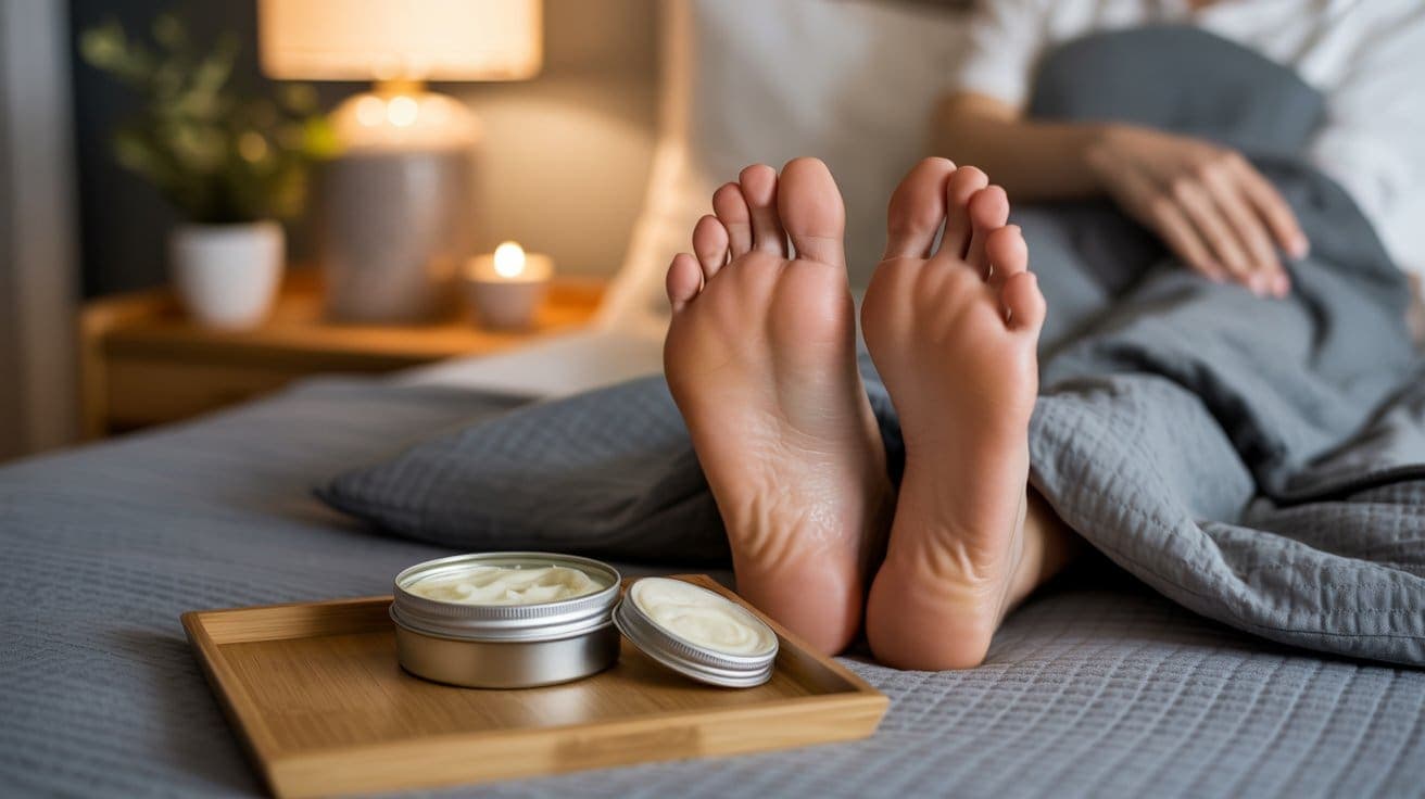 A person relaxes in bed under a gray quilt with their bare feet visible. A wooden tray holds an open tin of DIY foot balm near their feet. The background is softly lit by a lamp and a candle.