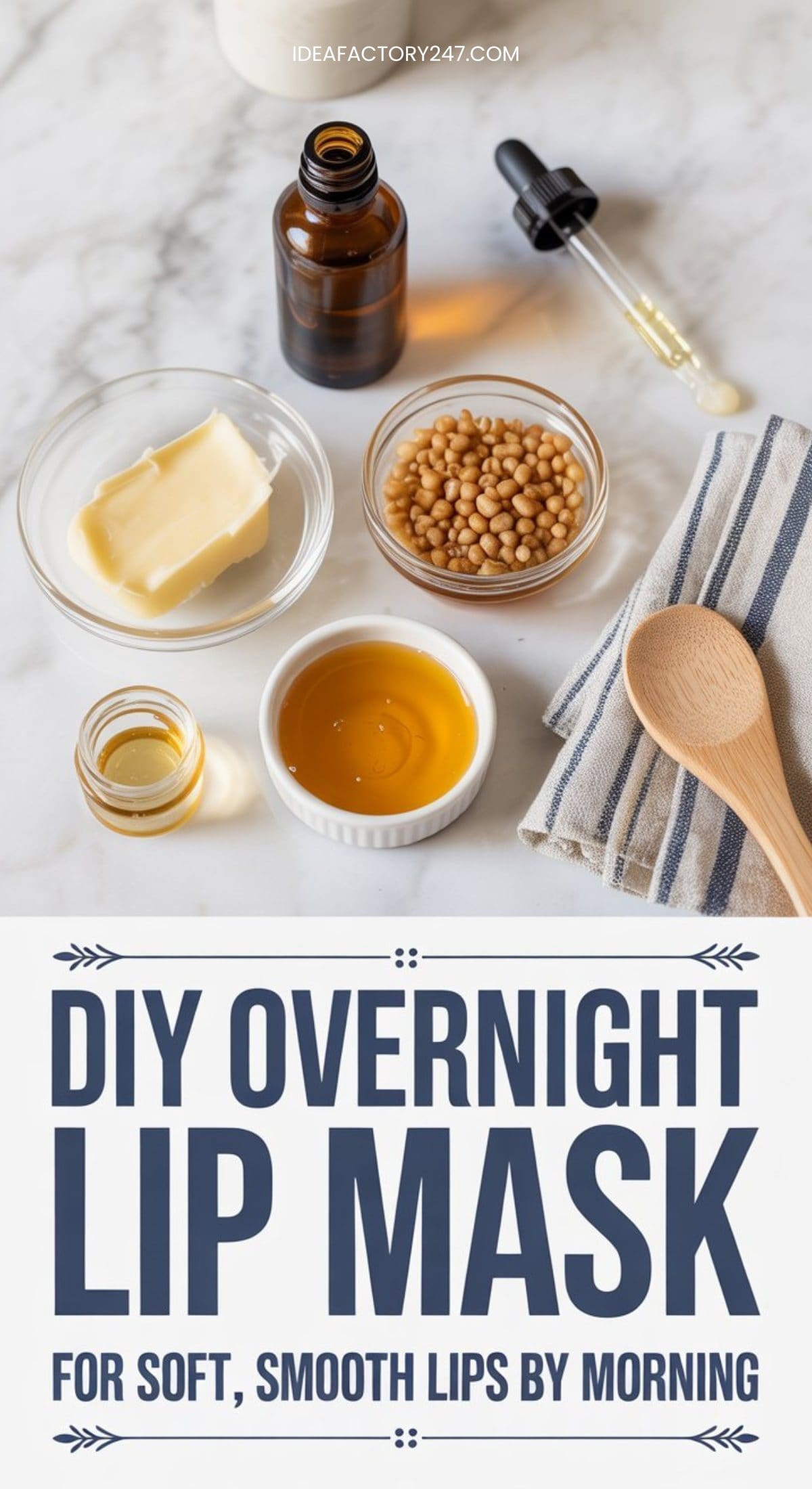 Ingredients for a DIY overnight lip mask, including a bowl of shea butter, honey, oil, beeswax pellets, a dropper bottle, and a wooden spoon, arranged on a marble surface with a striped cloth. Text below reads: “DIY Overnight Lip Mask.”.