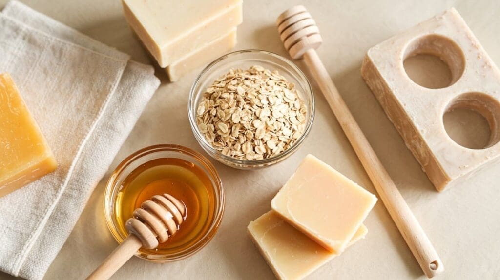 Bars of honey and oat soap, a small glass bowl of rolled oats, a glass bowl of honey with a dipper, and a beige towel are arranged on a light surface.
