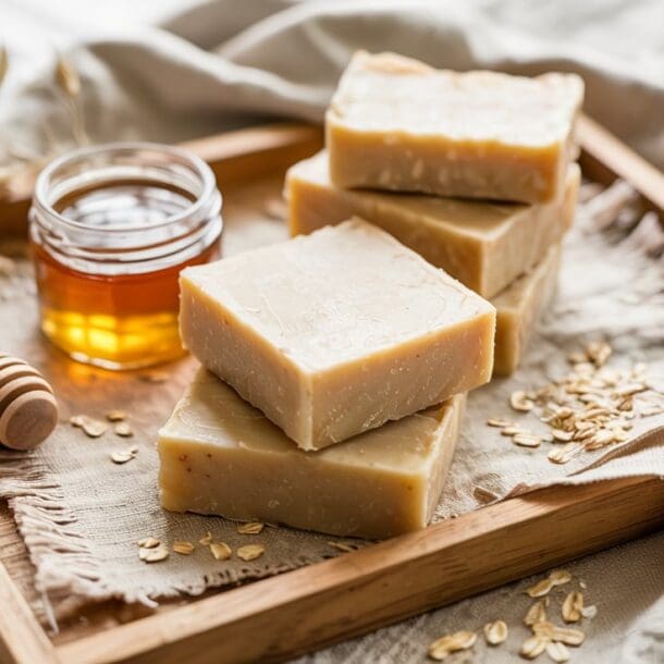 A wooden tray holds four beige bars of honey and oat soap, a small glass jar of honey with a dipper, scattered oats, and a neutral-colored cloth, evoking a natural, rustic setting.