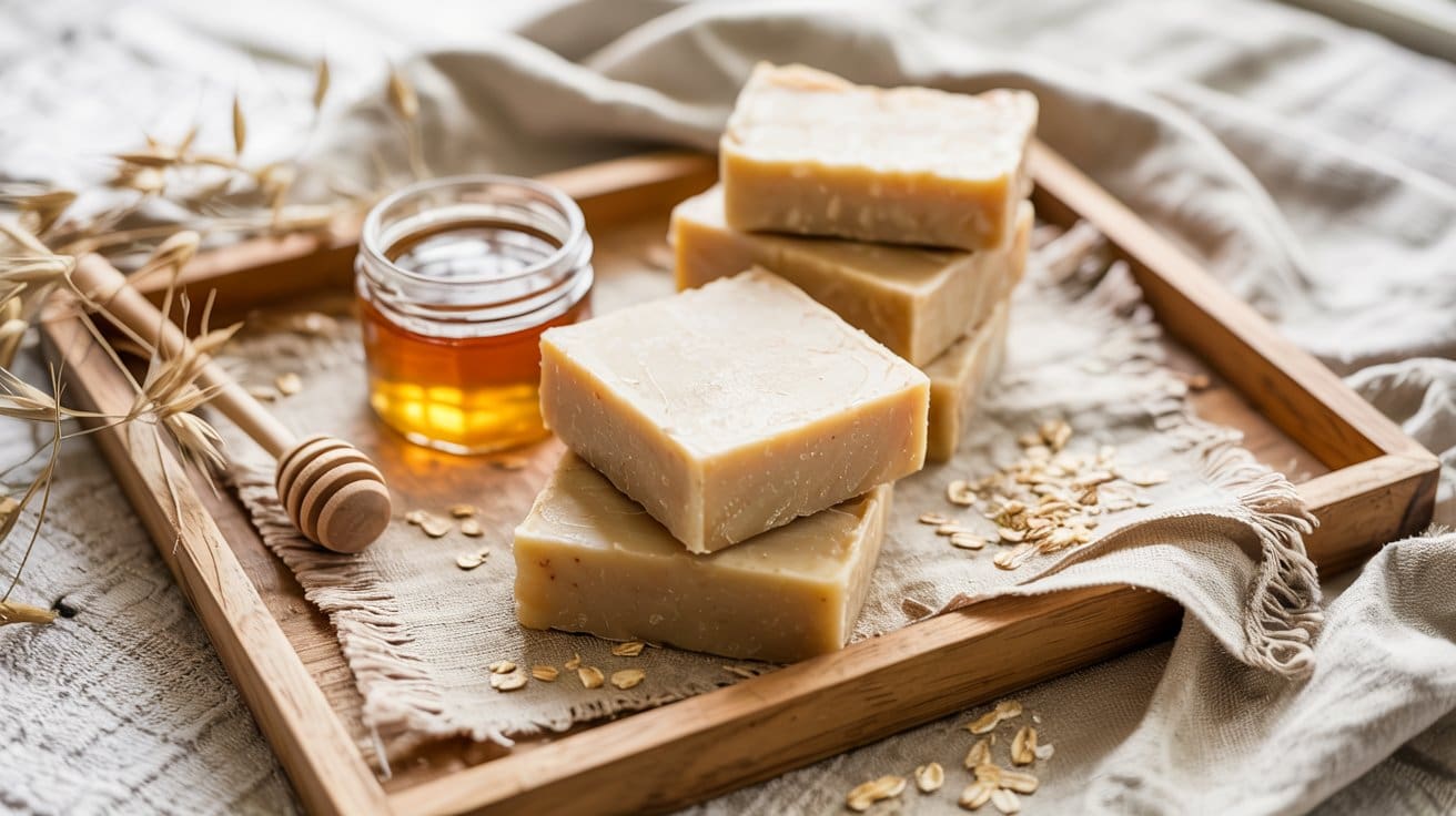 A wooden tray holds four beige bars of honey and oat soap, a small glass jar of honey with a dipper, scattered oats, and a neutral-colored cloth, evoking a natural, rustic setting.