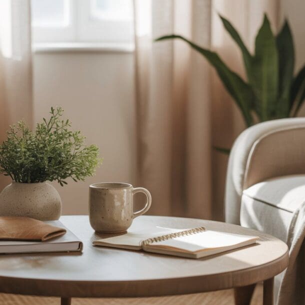 A cozy living room with sunlight streaming through curtains, featuring a round wooden coffee table with a plant, mug, notebooks, and a pen. A beige sofa with a light blanket and a tall green plant are in the background.