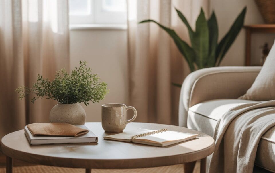 A cozy living room with sunlight streaming through curtains, featuring a round wooden coffee table with a plant, mug, notebooks, and a pen. A beige sofa with a light blanket and a tall green plant are in the background.