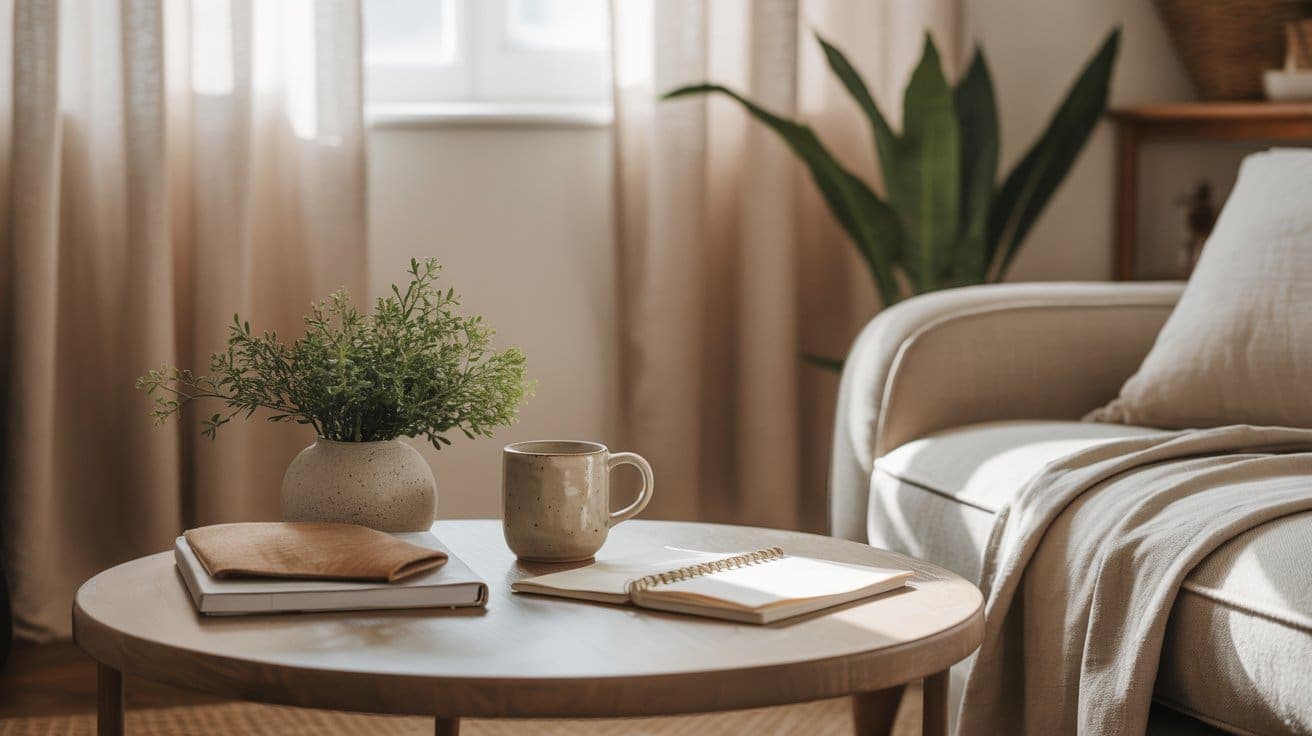 A cozy living room with sunlight streaming through curtains, featuring a round wooden coffee table with a plant, mug, notebooks, and a pen. A beige sofa with a light blanket and a tall green plant are in the background.