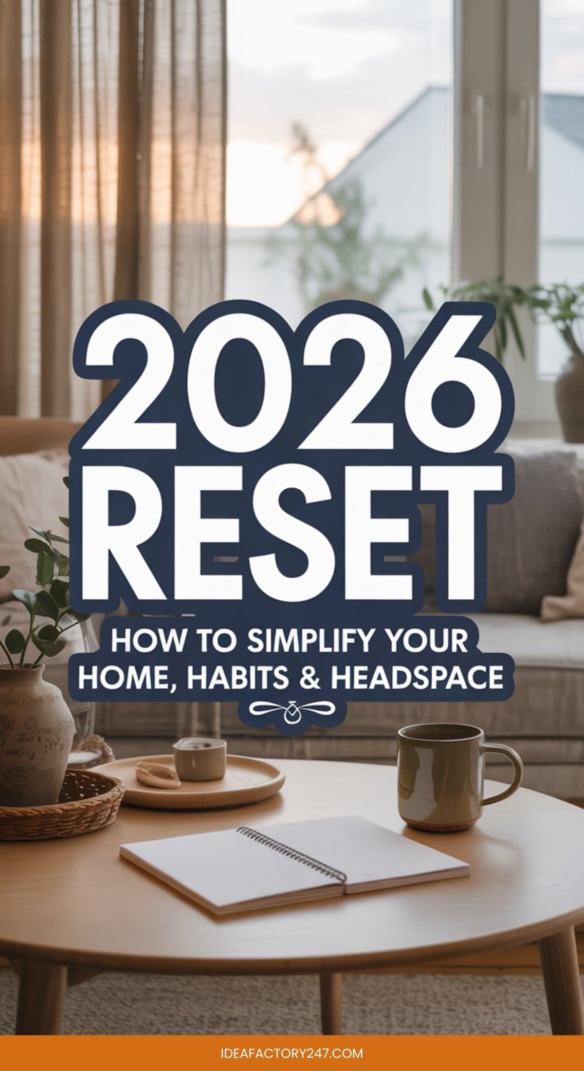A cozy living room with plants, a notebook, and a cup on a coffee table. Bold text reads: “2026 RESET. How to simplify your home, habits & headspace.” A website, ideafactory247.com, is at the bottom.