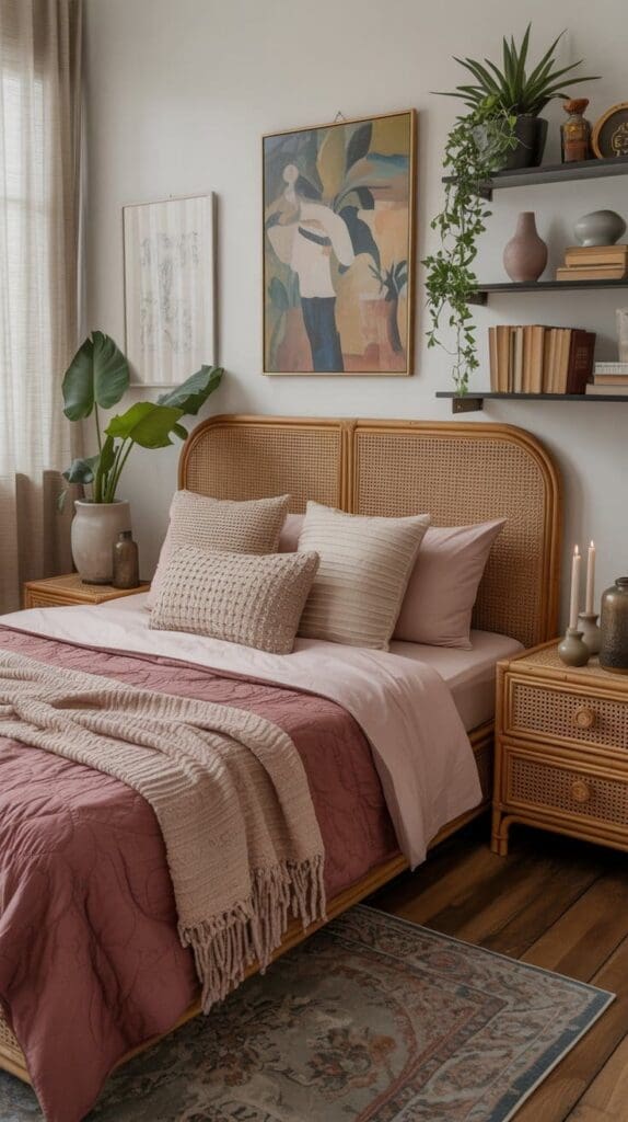 A cozy pink and burgundy bedroom features a rattan bed frame, knit pillows, textured throw blanket, and pink bedding. Plants, candles, books, and framed art complete the warm and inviting atmosphere.
