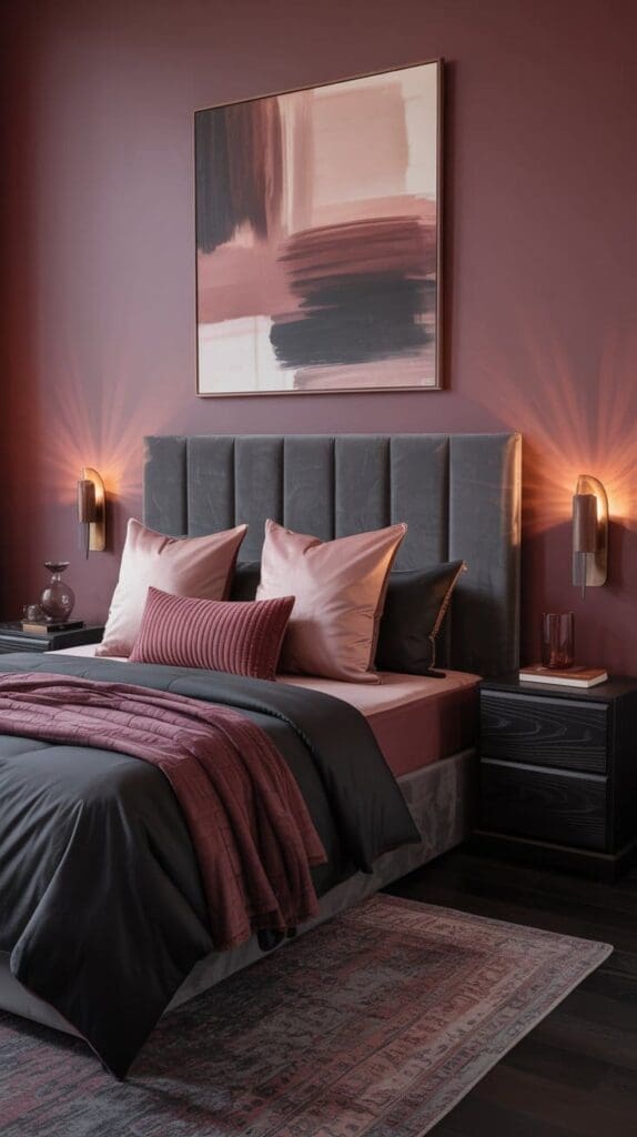 A modern pink and burgundy bedroom with a dark tufted headboard, blush and burgundy bedding, abstract artwork above the bed, wall-mounted lights, black nightstands, and an area rug on dark wood flooring.
