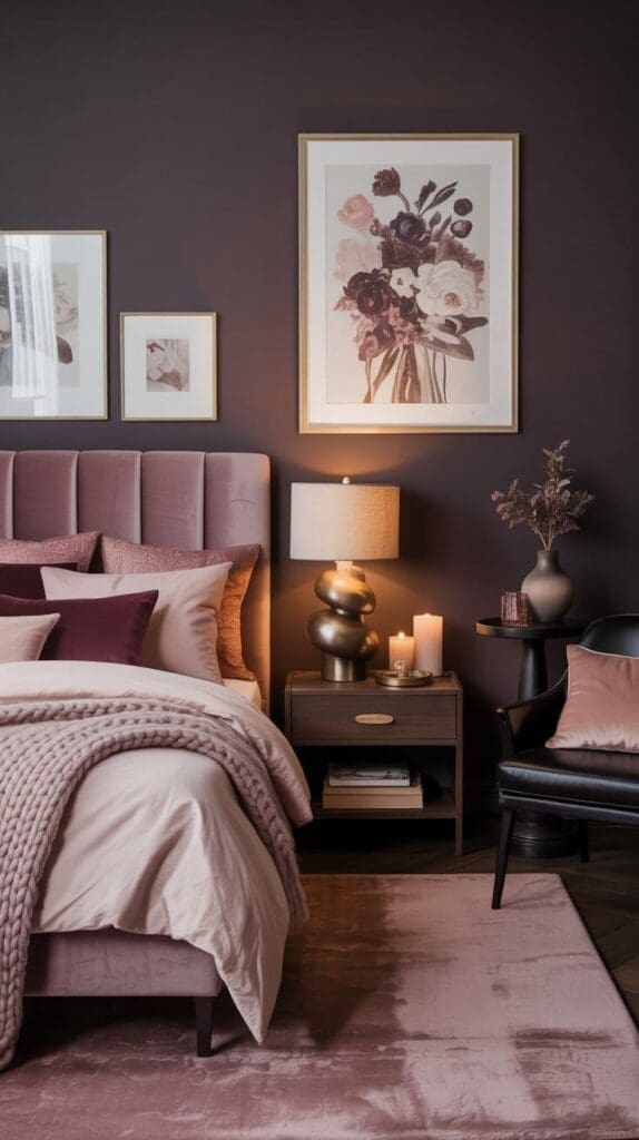 A cozy pink and burgundy bedroom with a mauve and blush palette features a tufted bed, matching pillows, a chunky knit blanket, nightstand with lamp, candles, and framed floral artwork on a dark wall.