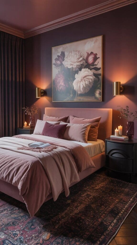 A cozy pink and burgundy bedroom with mauve walls, soft pink bedding, a floral painting above the bed, gold wall sconces, candles, and a dark vintage rug creates a warm and elegant atmosphere.