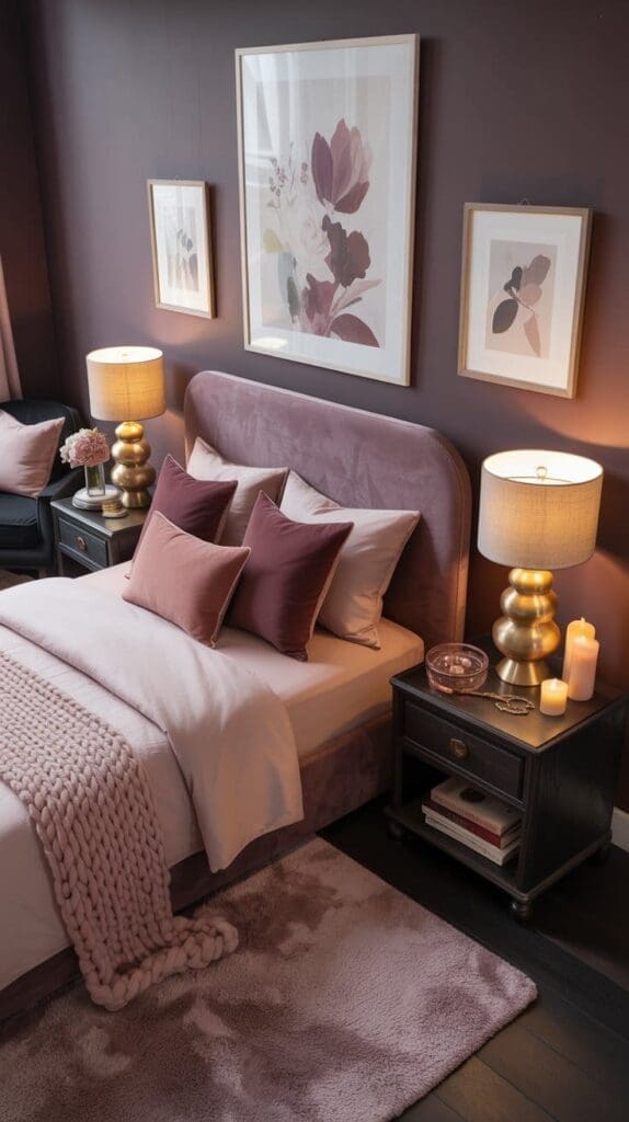 A cozy pink and burgundy bedroom with a mauve color scheme features a plush bed, chunky knit blanket, gold table lamps, candles on nightstands, and floral artwork on the walls.
