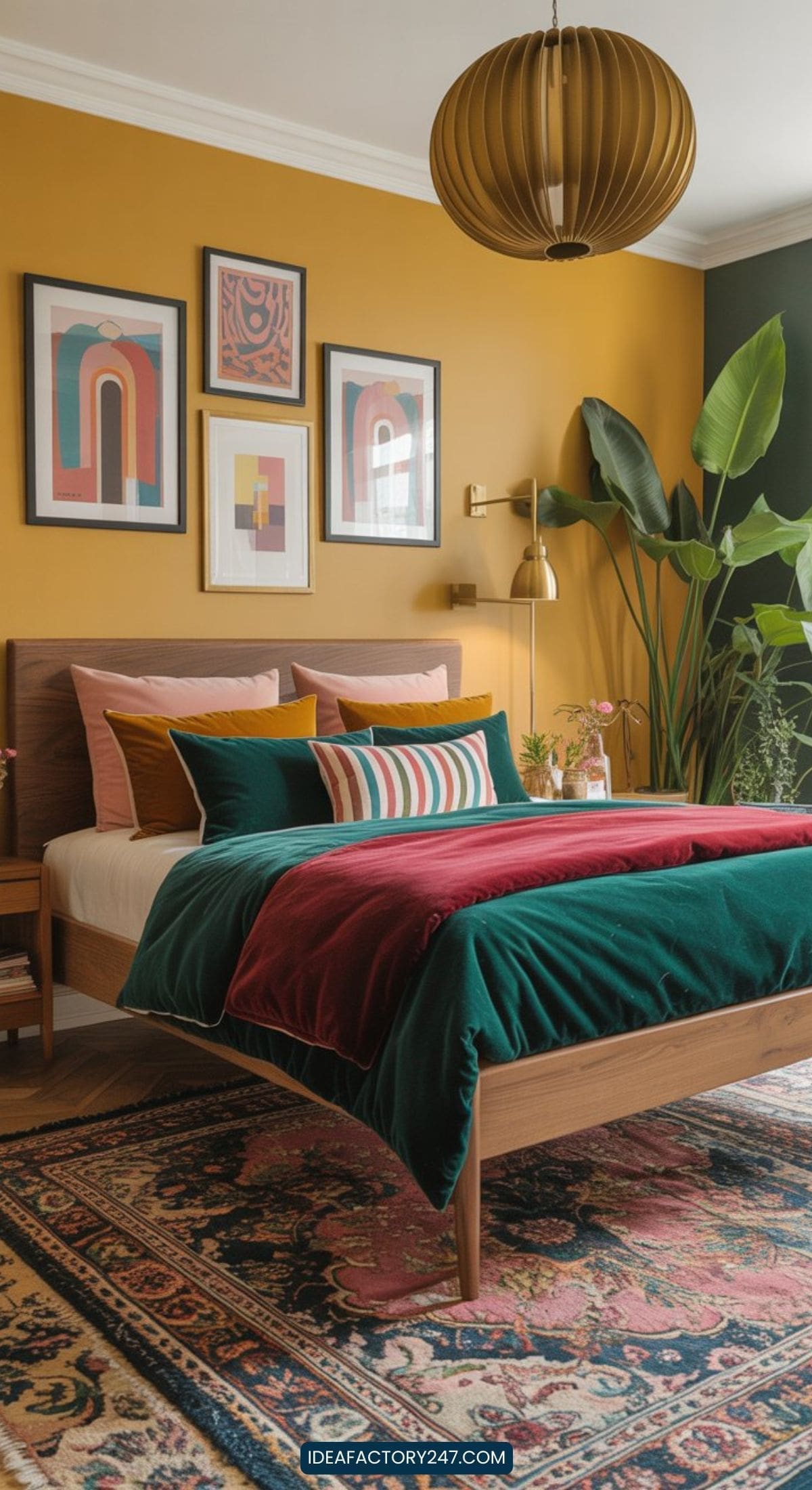 A stylish bedroom with a mustard yellow accent wall, modern art prints, a mid-century bed with jewel-toned bedding, a large plant, wooden nightstands, and a patterned rug. A brass pendant light hangs from the ceiling.