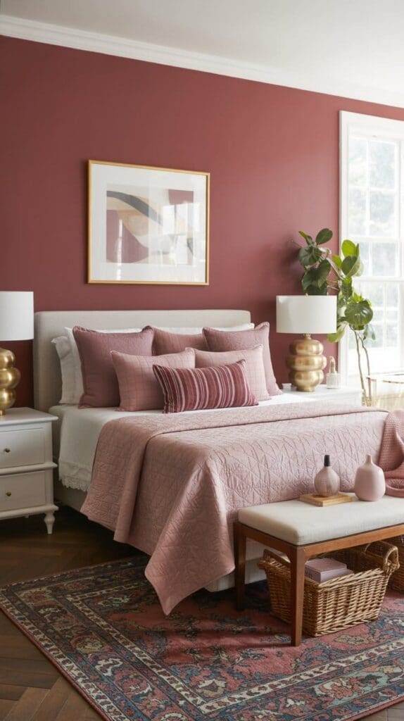 A cozy pink and burgundy bedroom with a mauve accent wall, a neatly made bed with pink bedding and pillows, gold lamps on white nightstands, a patterned rug, a bench with a basket, a plant, and large abstract artwork.