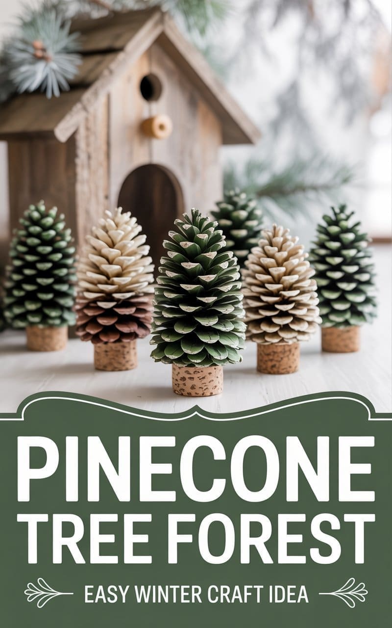 A group of pinecones painted green and white sits upright on cork bases, resembling a mini forest. They are displayed in front of a rustic birdhouse, with text below reading, Pinecone Tree Forest: Easy Winter Craft Idea.