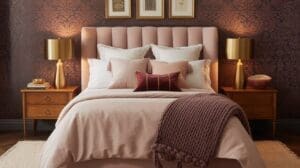 A neatly made pink and burgundy bedroom features a blush pink tufted headboard, gold lamps on wooden nightstands, white and pink pillows, a mauve throw blanket, and dark patterned wallpaper with framed art above the bed.