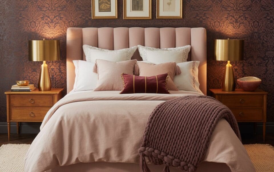 A neatly made pink and burgundy bedroom features a blush pink tufted headboard, gold lamps on wooden nightstands, white and pink pillows, a mauve throw blanket, and dark patterned wallpaper with framed art above the bed.