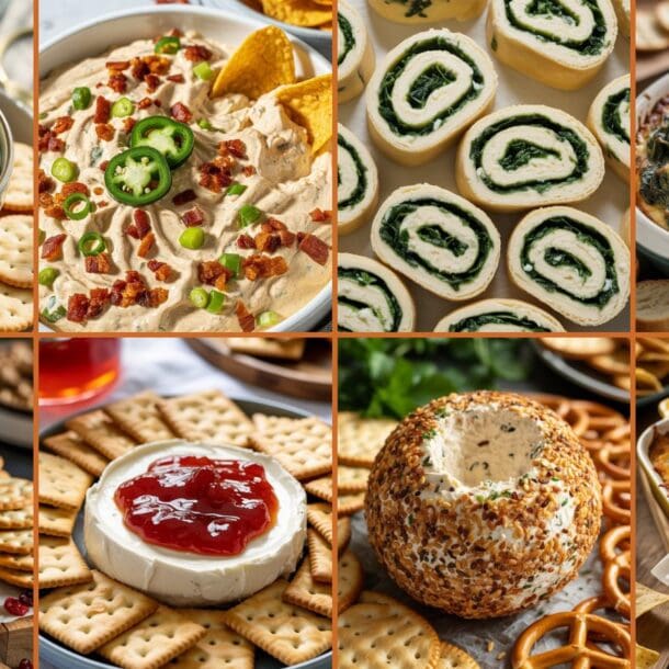A collage of eight different appetizer dips and spreads, including cheese balls, creamy dips, pinwheels, baked dips, and a round of brie with red jam, all served with crackers and garnishes.