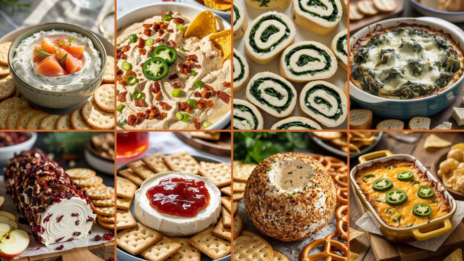 A collage of eight different appetizer dips and spreads, including cheese balls, creamy dips, pinwheels, baked dips, and a round of brie with red jam, all served with crackers and garnishes.