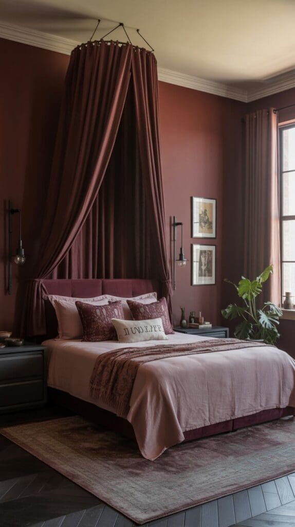 A stylish pink and burgundy bedroom featuring dark red walls, a canopy over the bed, pink bedding, framed art, a large window with matching curtains, bedside tables, and a potted plant on the right.