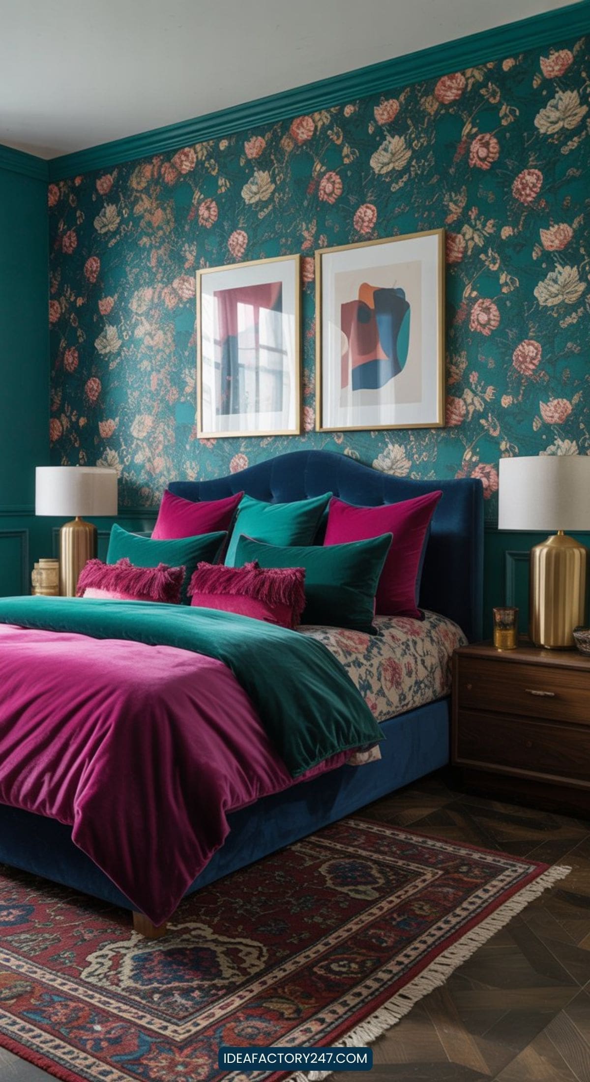 A stylish bedroom with teal floral wallpaper, a blue upholstered bed, magenta and teal bedding, gold lamps, wooden nightstands, and abstract art above the bed. An ornate rug covers the floor.