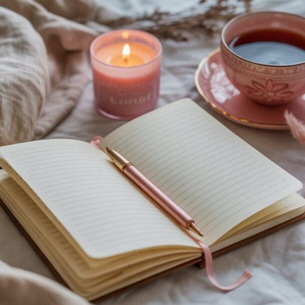 An open lined notebook with a pink pen rests on a soft beige blanket, ready for Self-Love Journal Prompts, next to a lit pink candle and a cup of tea in a pink teacup, surrounded by dried pink flowers.