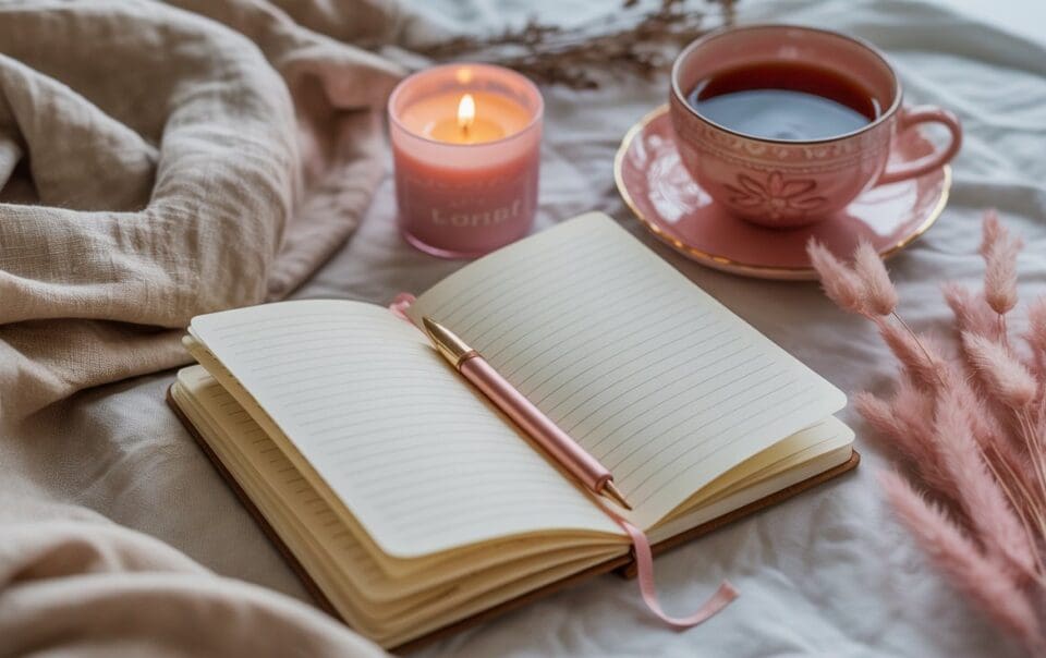 An open lined notebook with a pink pen rests on a soft beige blanket, ready for Self-Love Journal Prompts, next to a lit pink candle and a cup of tea in a pink teacup, surrounded by dried pink flowers.