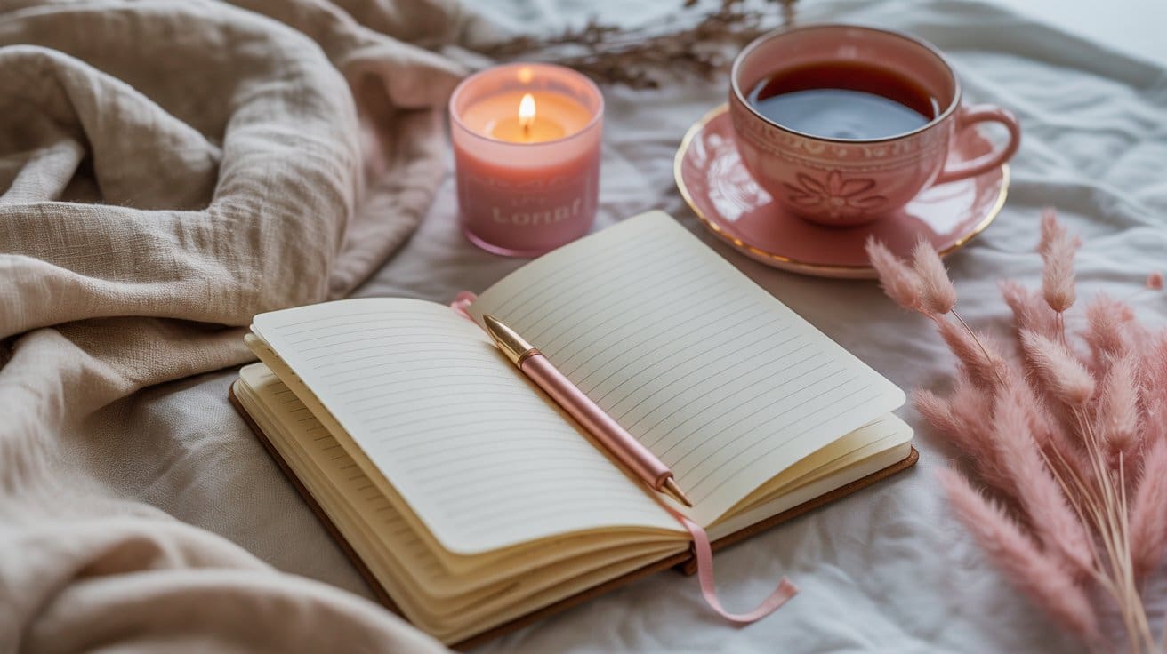 An open lined notebook with a pink pen rests on a soft beige blanket, ready for Self-Love Journal Prompts, next to a lit pink candle and a cup of tea in a pink teacup, surrounded by dried pink flowers.
