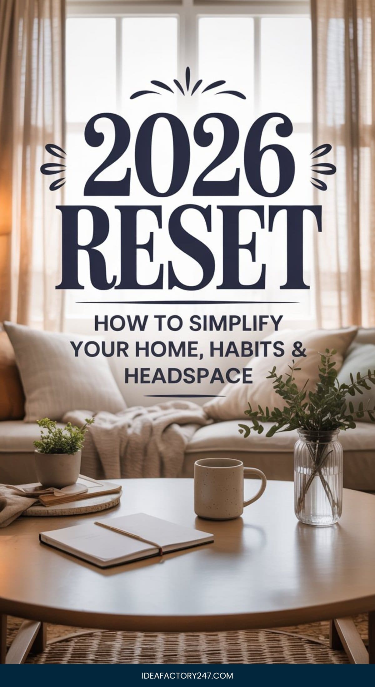 A cozy living room with light curtains, plants, a coffee mug, and notebooks on a round table. Text reads: 2026 RESET - How to Simplify Your Home, Habits & Headspace.