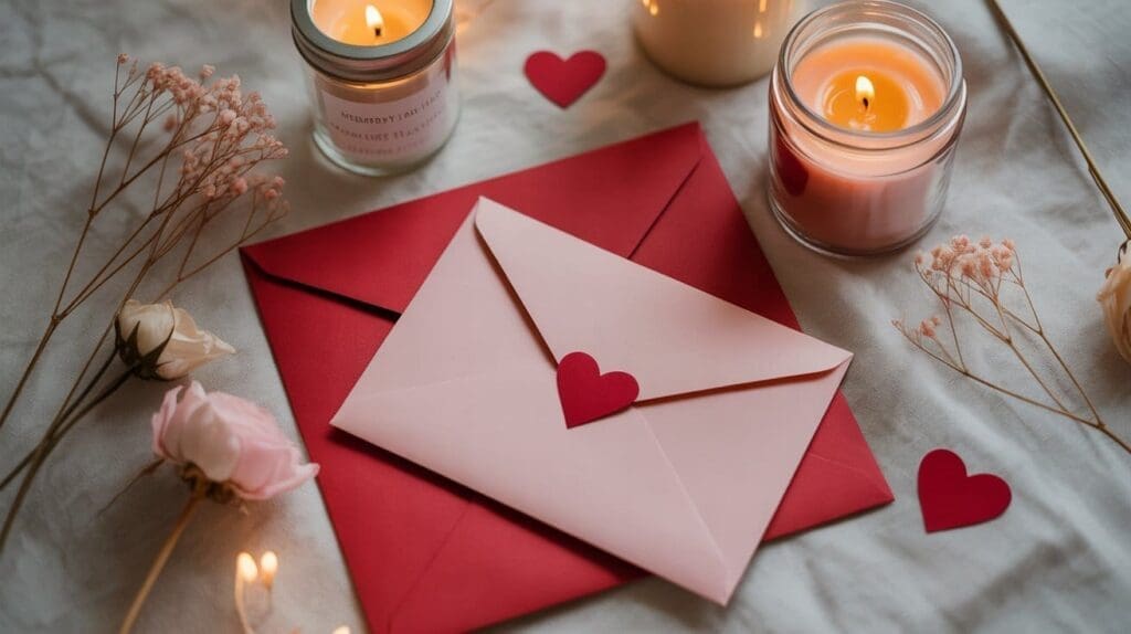 A pink envelope with a red heart seal sits on a red envelope, surrounded by lit candles, dried flowers, and small red heart cutouts on a soft fabric surface, creating a romantic atmosphere.