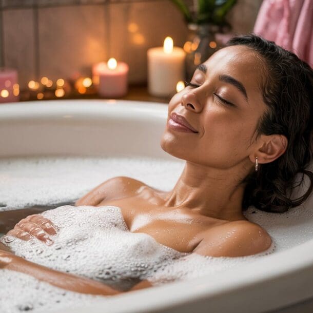 A woman relaxes in a bubble bath, eyes closed and smiling softly. The bathroom is softly lit with several candles placed around the tub, creating a calm and tranquil atmosphere.