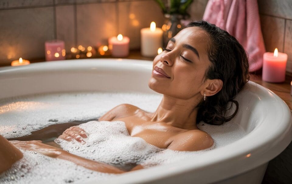 A woman relaxes in a bubble bath, eyes closed and smiling softly. The bathroom is softly lit with several candles placed around the tub, creating a calm and tranquil atmosphere.