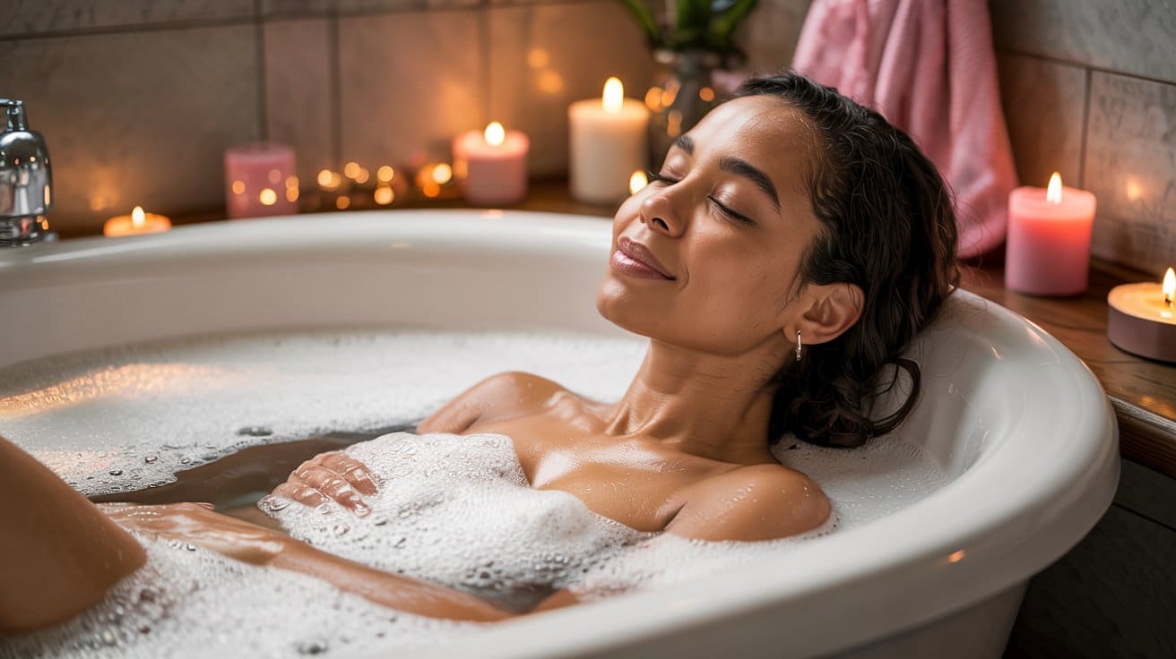 A woman relaxes in a bubble bath, eyes closed and smiling softly. The bathroom is softly lit with several candles placed around the tub, creating a calm and tranquil atmosphere.