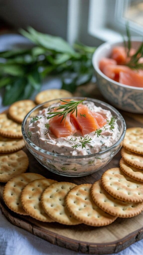 A glass bowl of creamy dip topped with slices of smoked salmon and fresh dill, surrounded by round crackers on a wooden board, with a leafy plant and more salmon in the background.